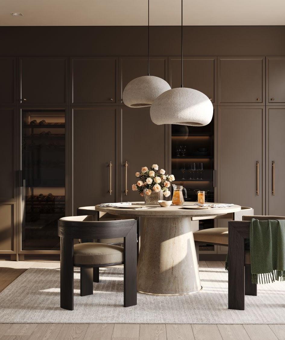 Winding Walk designer dining room with marble table and pendant lighting