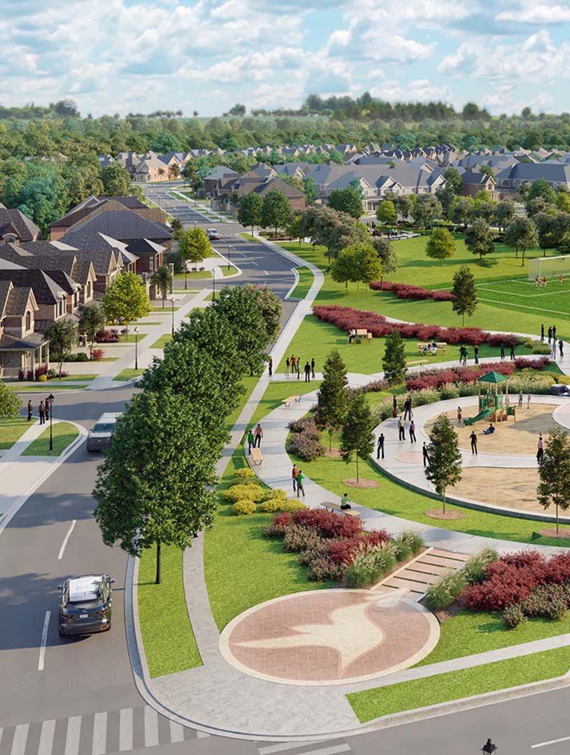 Winding Walk Caledon aerial streetscape rendering showing homes and green spaces